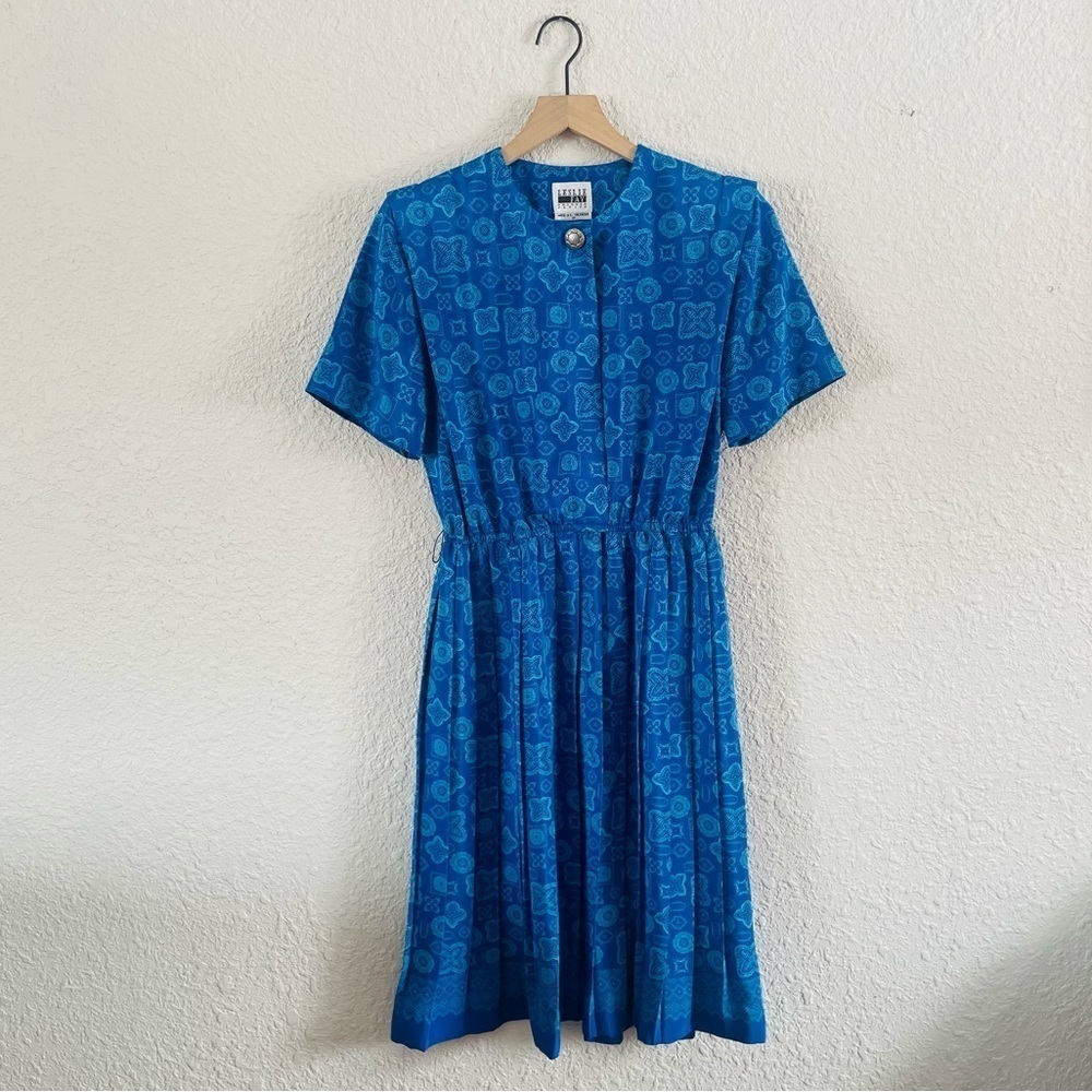 Vintage Leslie Fay Blue Half Button Pleated Midi Dress